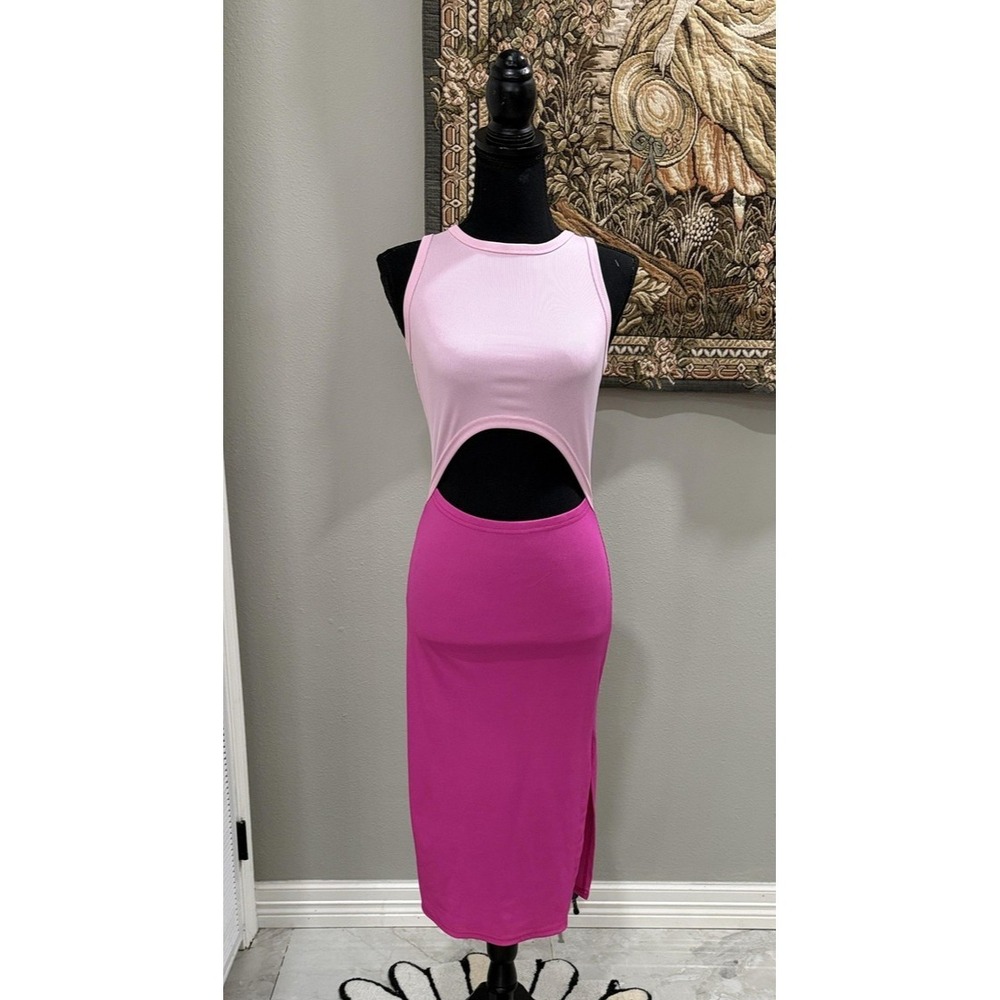 Dress Womens Small Pink Colorblock Cut Out Tank Bodycon Midi Side Slit Summer